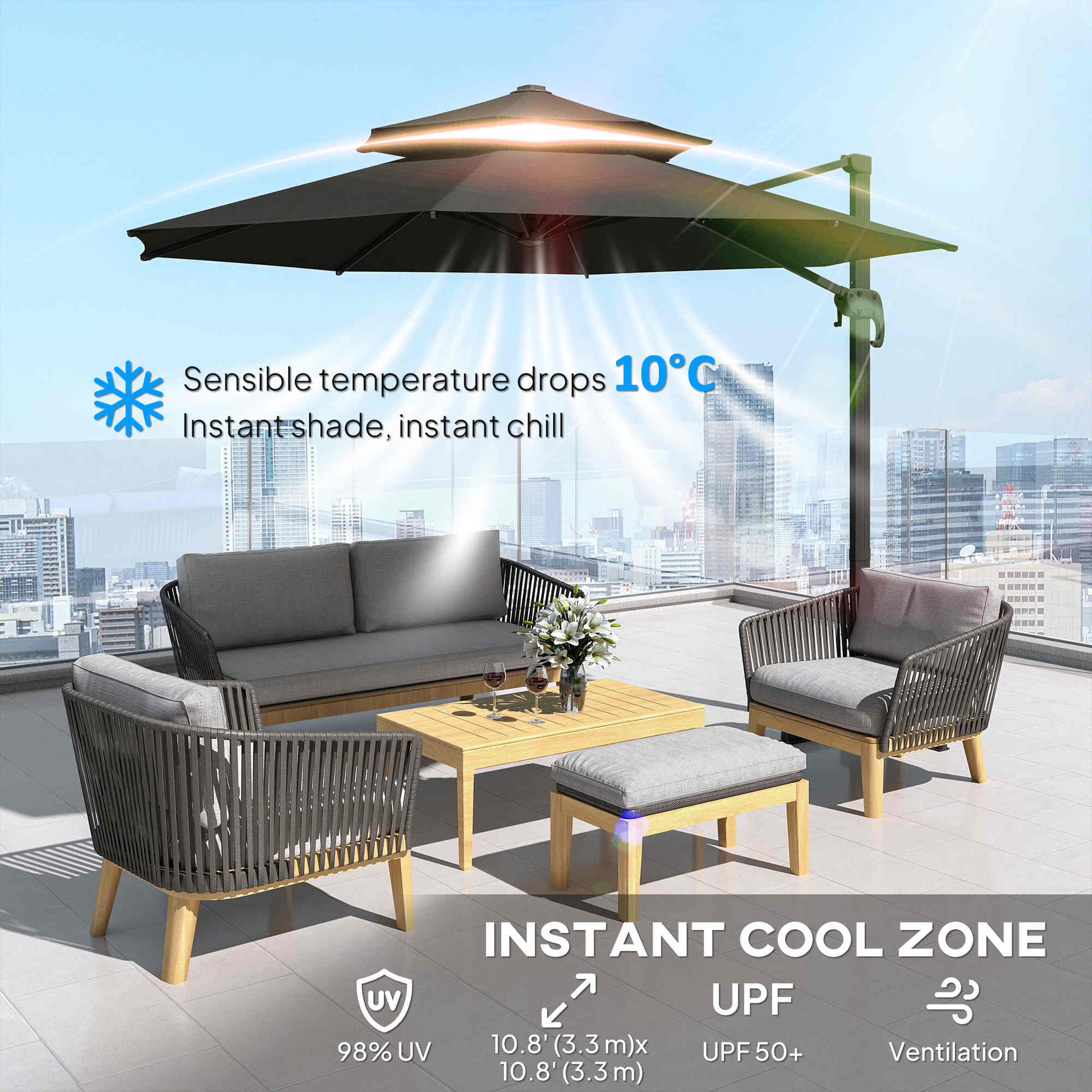 Outdoor Rotatable Cantilever Umbrella - Dark Grey, 11ft Aluminum Shade-DECOROLALA
