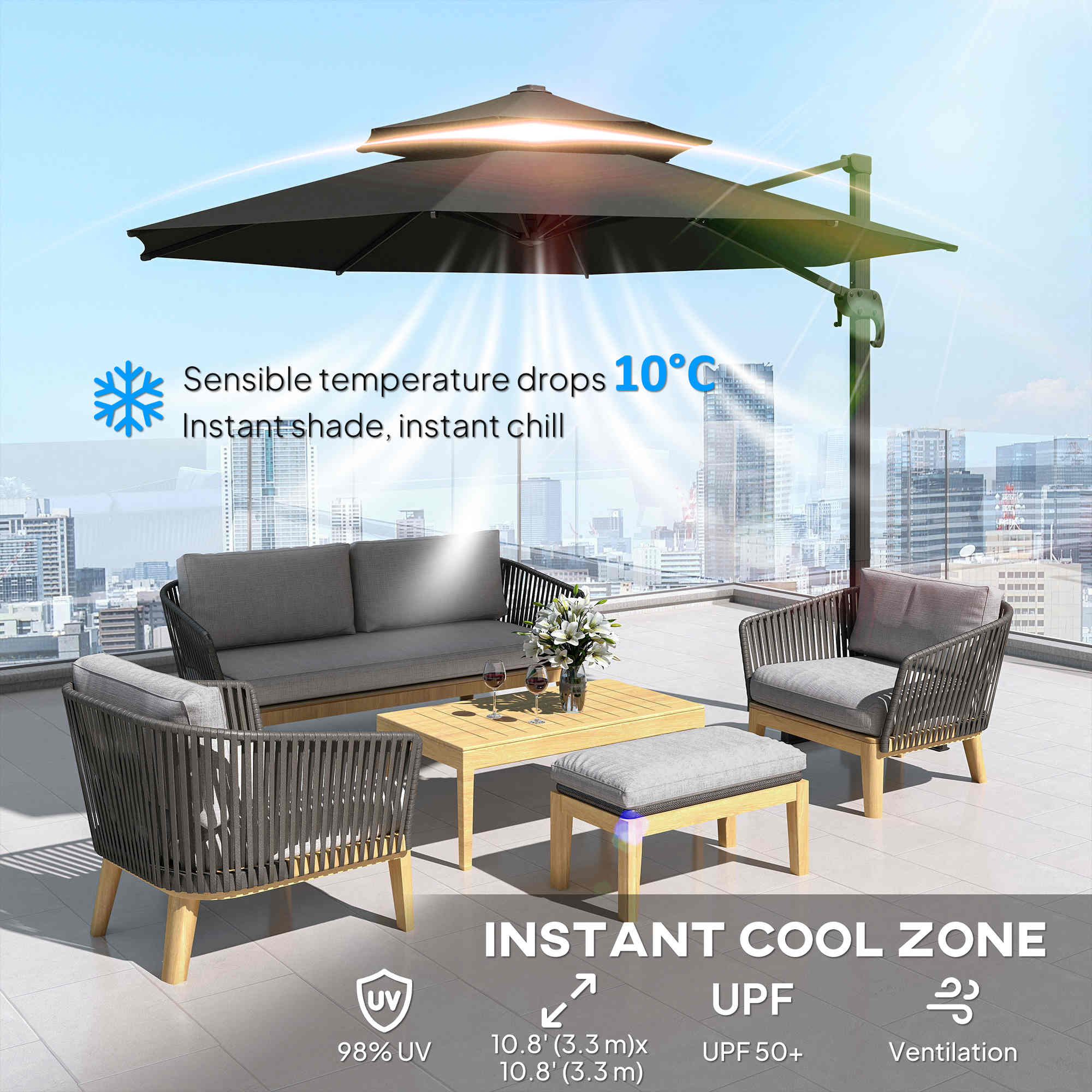 Outdoor Rotatable Cantilever Umbrella - Dark Grey, 11ft Aluminum Shade-DECOROLALA