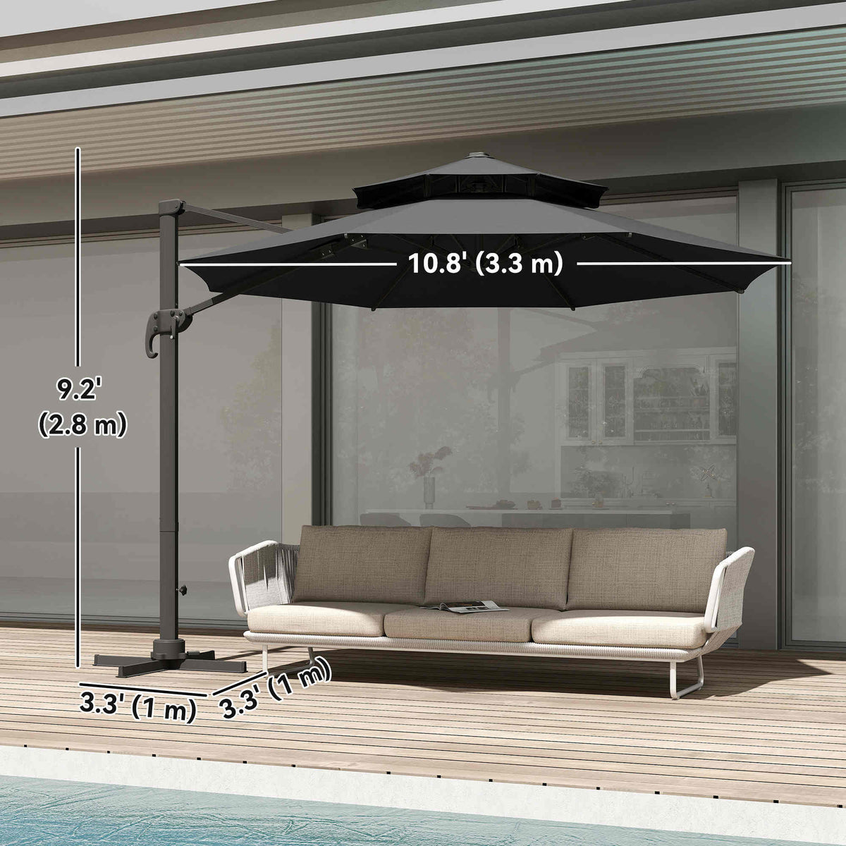 Outdoor Rotatable Cantilever Umbrella - Dark Grey, 11ft Aluminum Shade-Cantilever Umbrellas-DECOROLALA