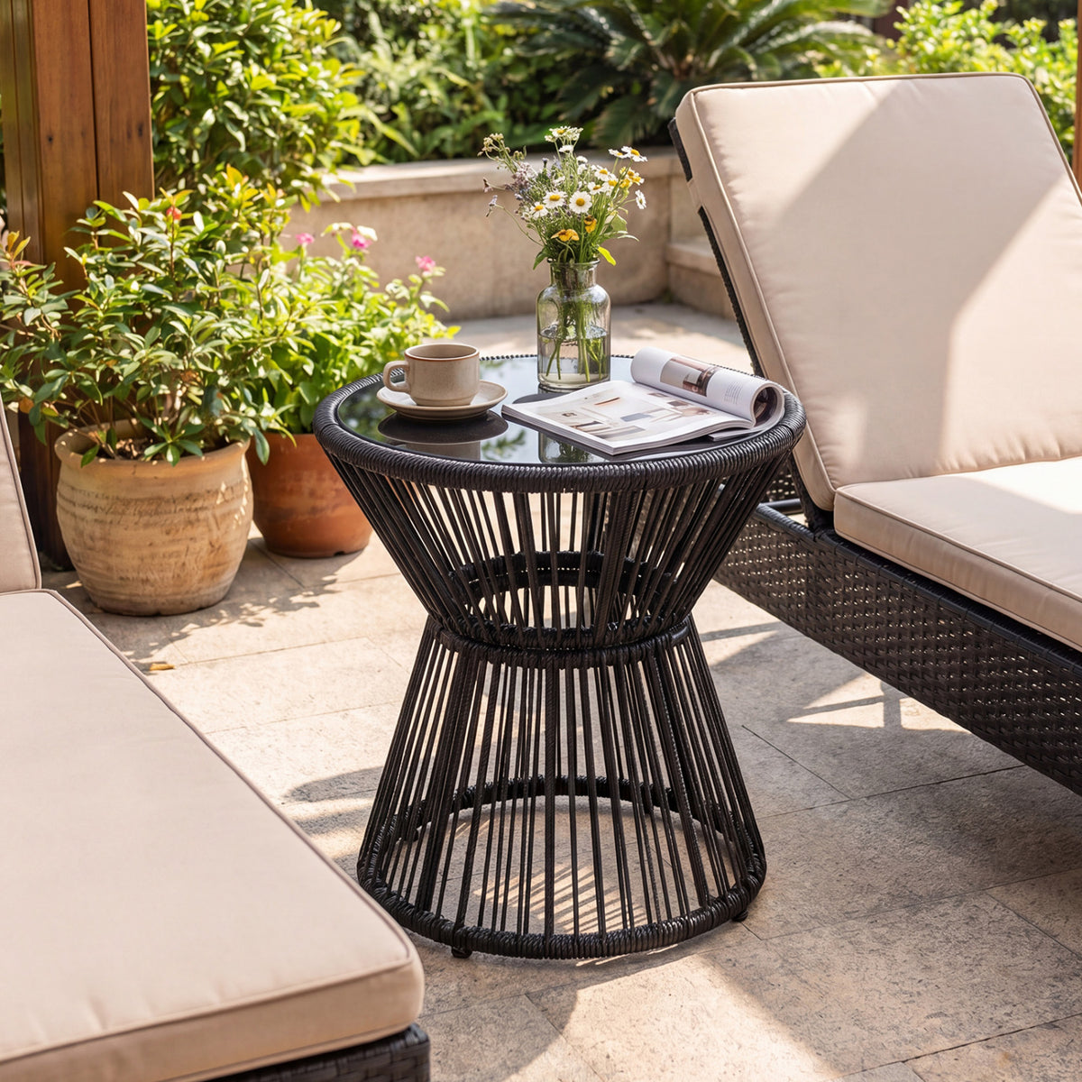 Outdoor Side Table with LED Warm Light and Tempered Glass Top-Black-Patio Coffee Tables-DECOROLALA