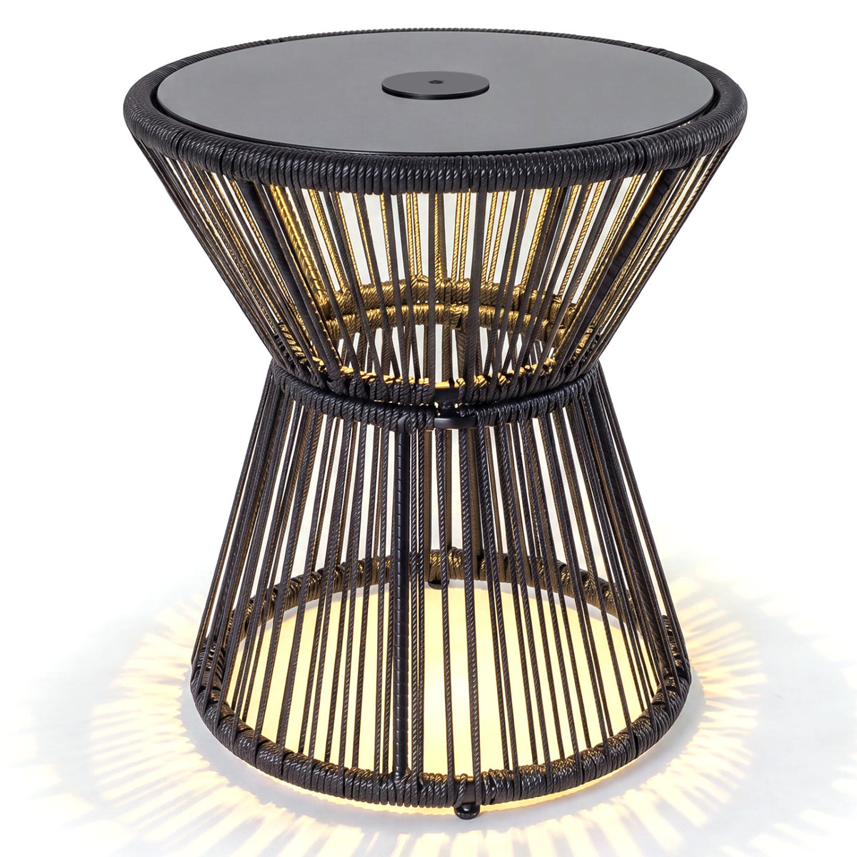 Outdoor Side Table with LED Warm Light and Tempered Glass Top-Black-Patio Coffee Tables-DECOROLALA