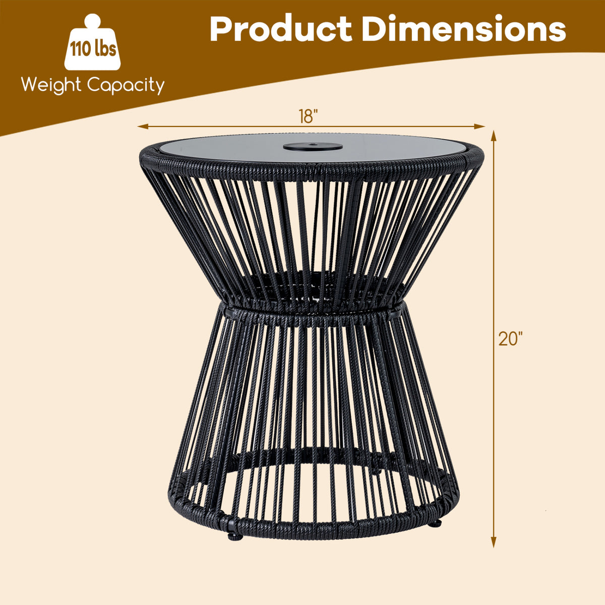 Outdoor Side Table with LED Warm Light and Tempered Glass Top-Black-Patio Coffee Tables-DECOROLALA