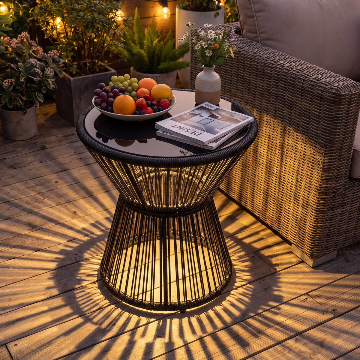 Outdoor Side Table with LED Warm Light and Tempered Glass Top-Black-Patio Coffee Tables-DECOROLALA