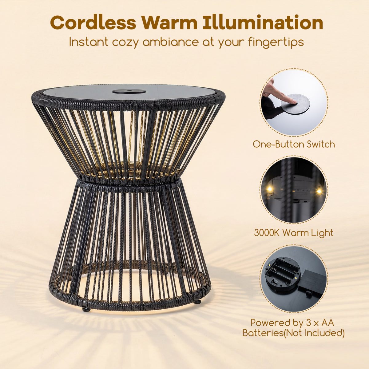 Outdoor Side Table with LED Warm Light and Tempered Glass Top-Black-Patio Coffee Tables-DECOROLALA