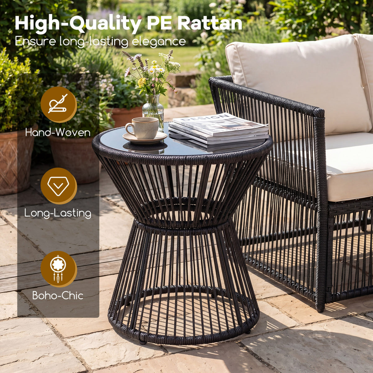 Outdoor Side Table with LED Warm Light and Tempered Glass Top-Black-Patio Coffee Tables-DECOROLALA