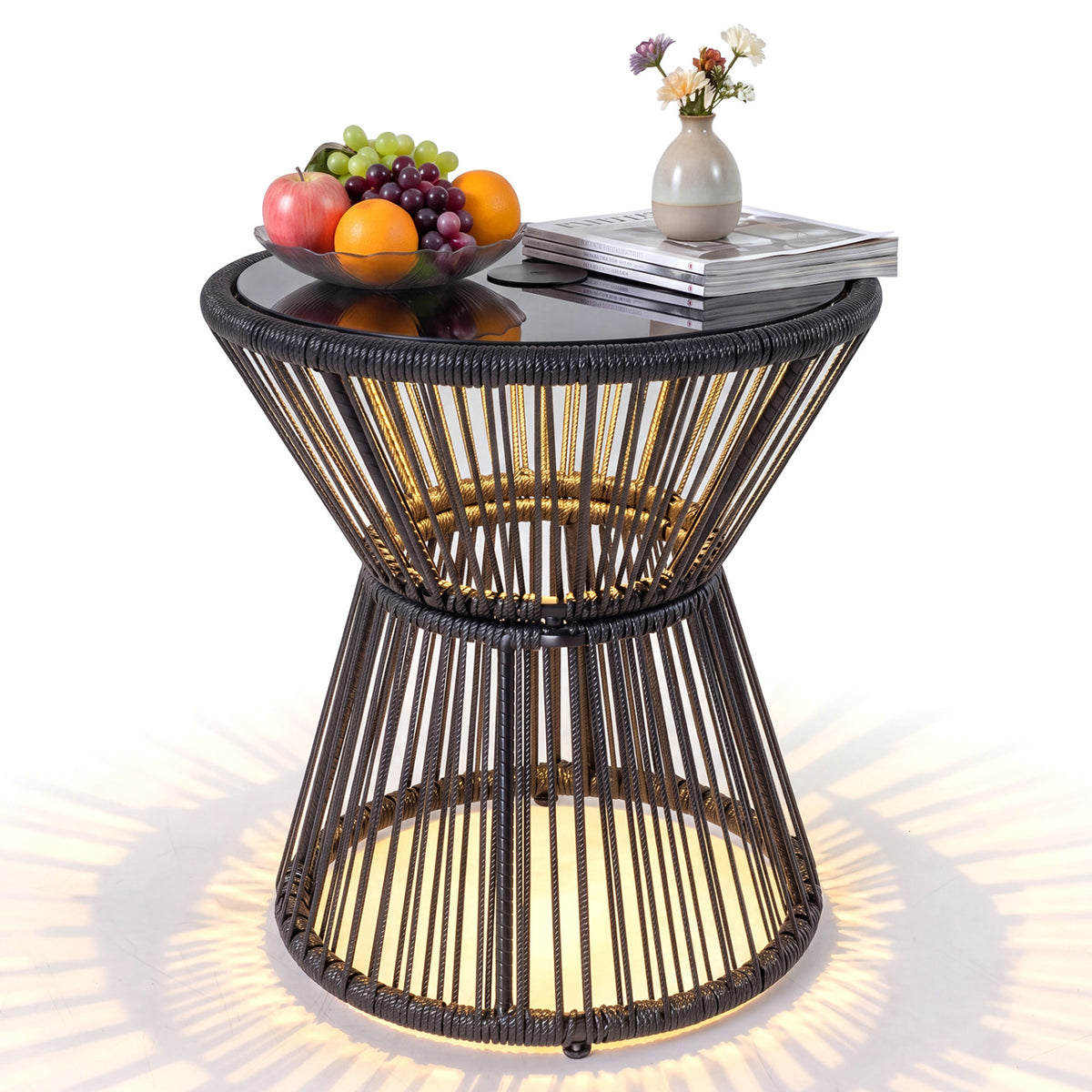Outdoor Side Table with LED Warm Light and Tempered Glass Top-Black-Patio Coffee Tables-DECOROLALA