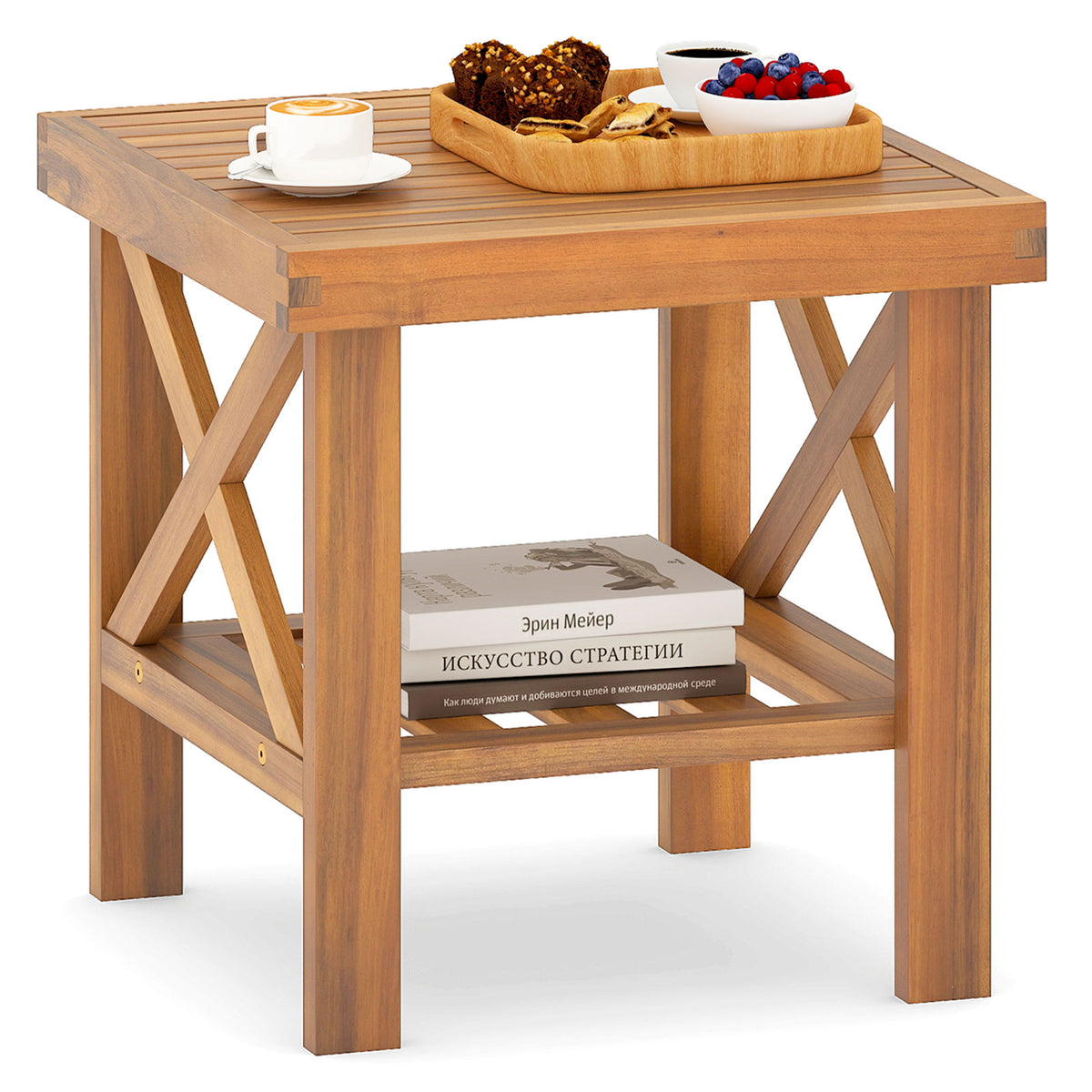 Outdoor Side Table with Storage Shelf for Small Space-Patio Coffee Tables-DECOROLALA