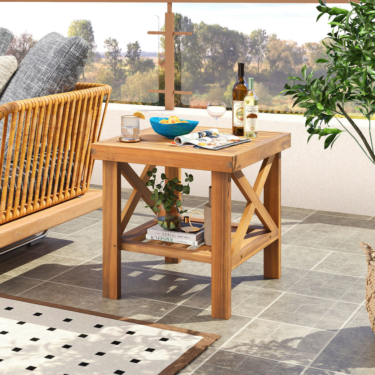 Outdoor Side Table with Storage Shelf for Small Space-Patio Coffee Tables-DECOROLALA