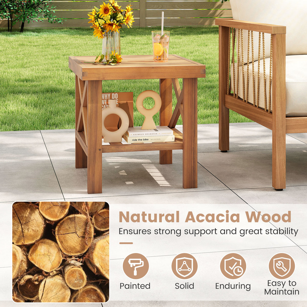 Outdoor Side Table with Storage Shelf for Small Space-Patio Coffee Tables-DECOROLALA