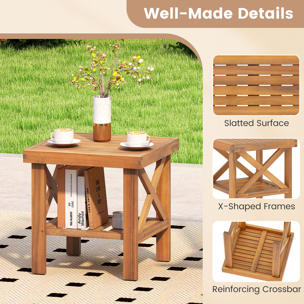 Outdoor Side Table with Storage Shelf for Small Space-Patio Coffee Tables-DECOROLALA