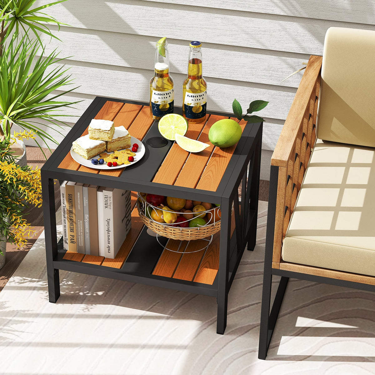 Outdoor Side Table with Umbrella Hole and Storage Shelf for Porch-Patio Coffee Tables-DECOROLALA