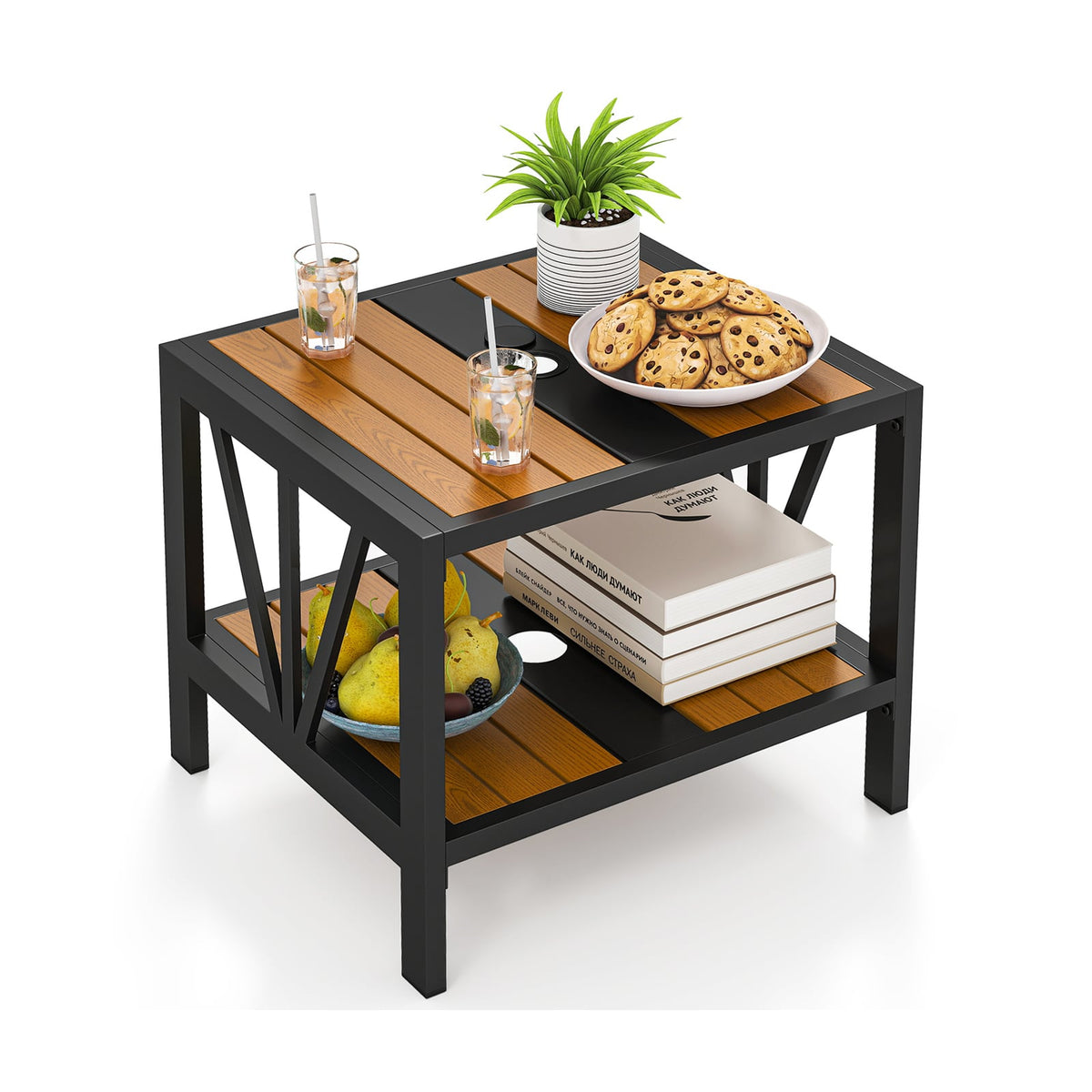 Outdoor Side Table with Umbrella Hole and Storage Shelf for Porch-Patio Coffee Tables-DECOROLALA