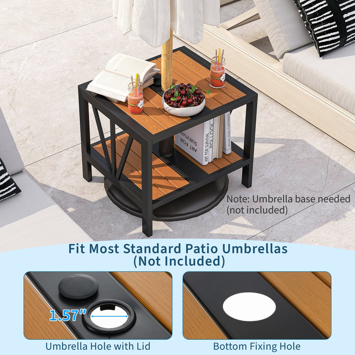 Outdoor Side Table with Umbrella Hole and Storage Shelf for Porch-Patio Coffee Tables-DECOROLALA