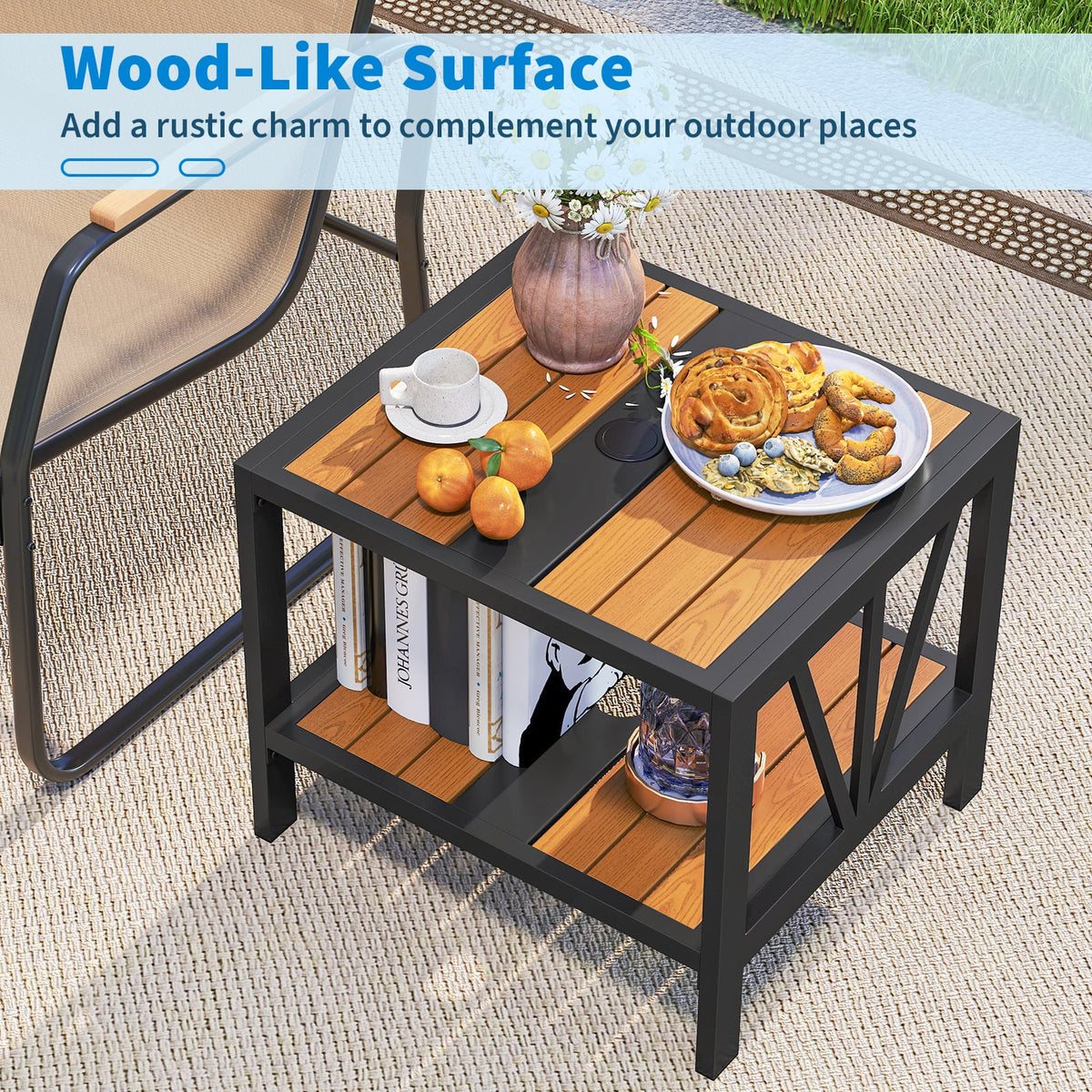 Outdoor Side Table with Umbrella Hole and Storage Shelf for Porch-Patio Coffee Tables-DECOROLALA