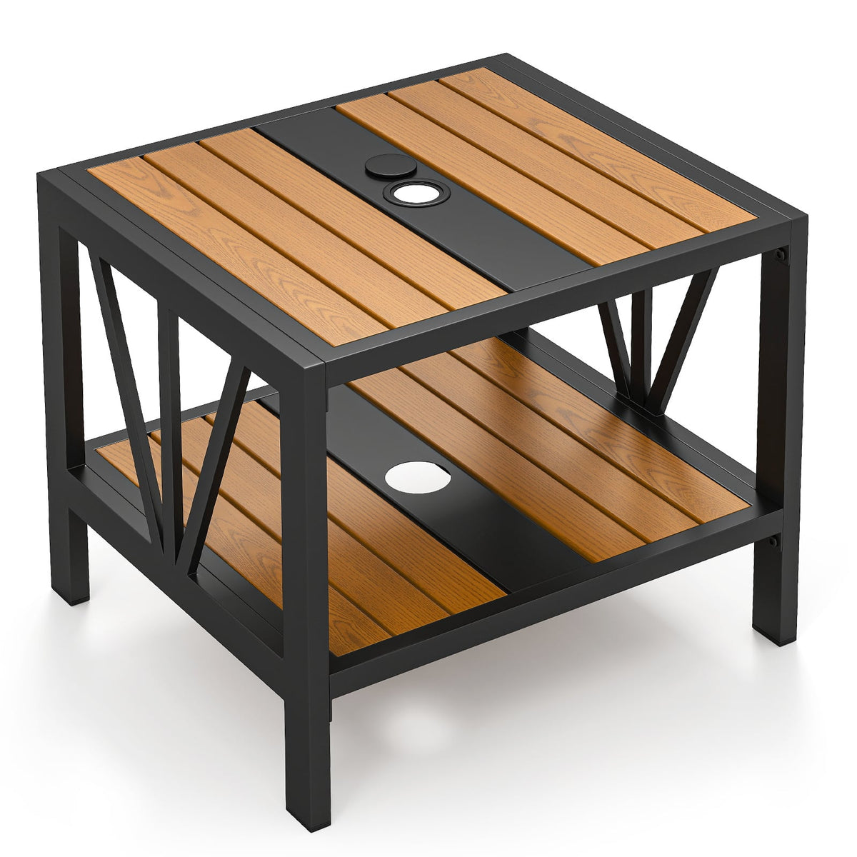 Outdoor Side Table with Umbrella Hole and Storage Shelf for Porch-Patio Coffee Tables-DECOROLALA