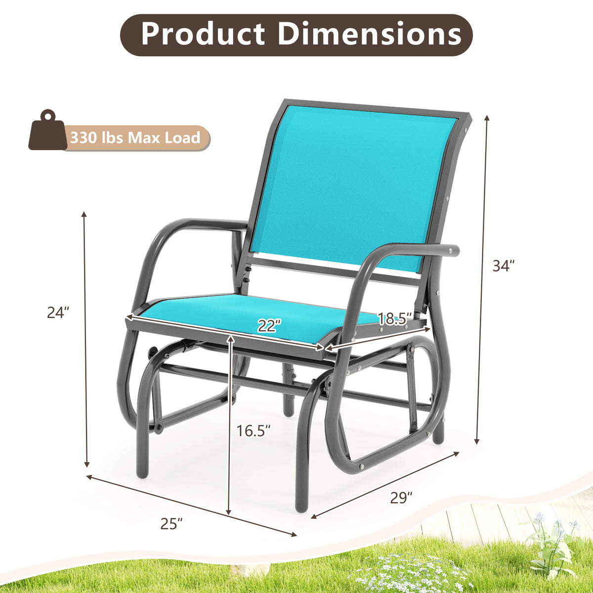 Outdoor Single Swing Glider Rocking Chair with Armrest-Turquoise-Outdoor Rocking Chairs & Gliders-DECOROLALA