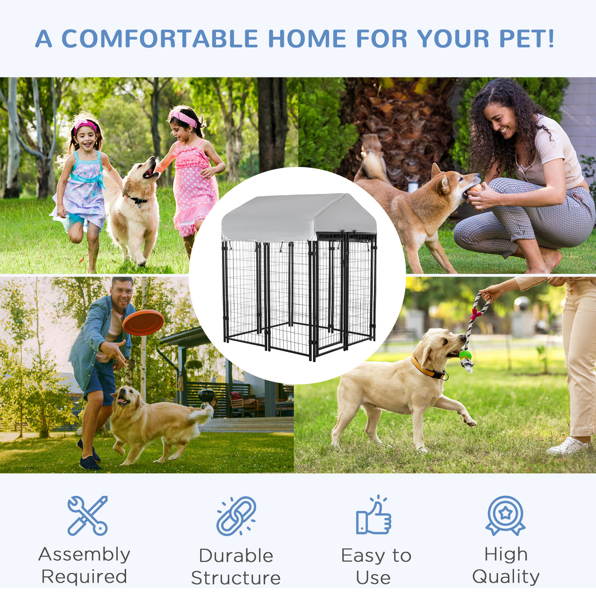 Outdoor Steel Dog Kennel with Waterproof Cover, 4 x 4 x 4.5 ft-Dogs-DECOROLALA