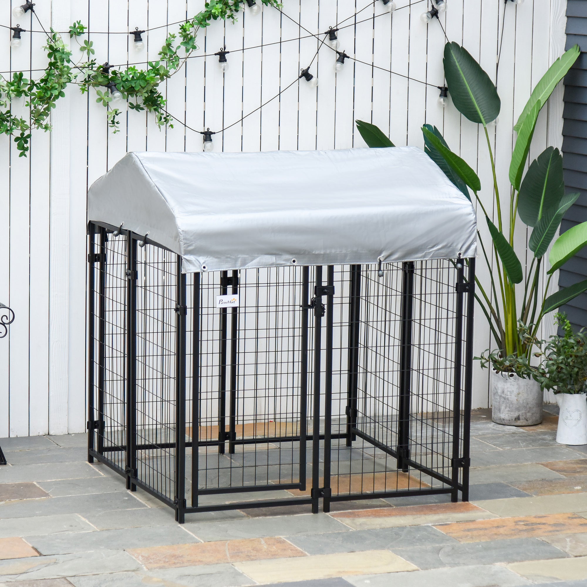 Outdoor Steel Dog Kennel with Waterproof Cover, 4 x 4 x 4.5 ft-Dogs-DECOROLALA