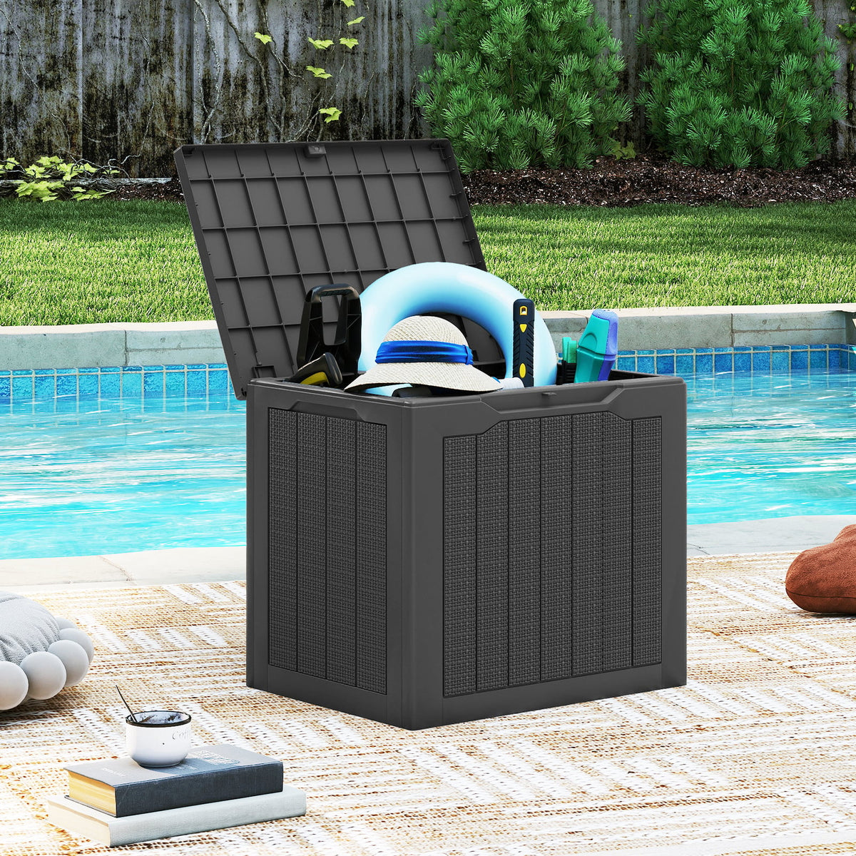 Outdoor Storage Box 25 Gallon Deck Box with Lockable Lid and Wicker-woven Texture-Black-Sheds & Outdoor Storage-DECOROLALA