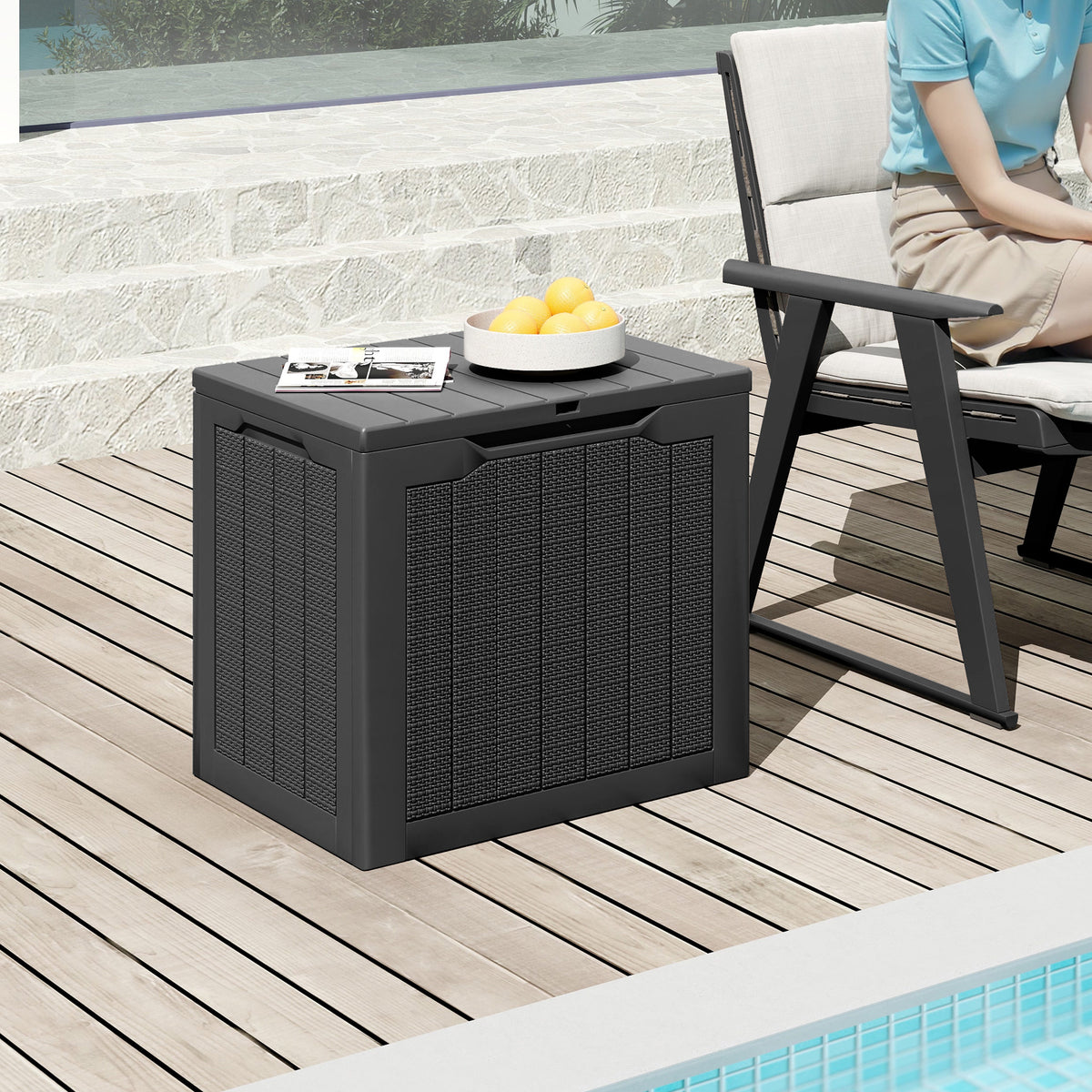 Outdoor Storage Box 25 Gallon Deck Box with Lockable Lid and Wicker-woven Texture-Black-Sheds & Outdoor Storage-DECOROLALA