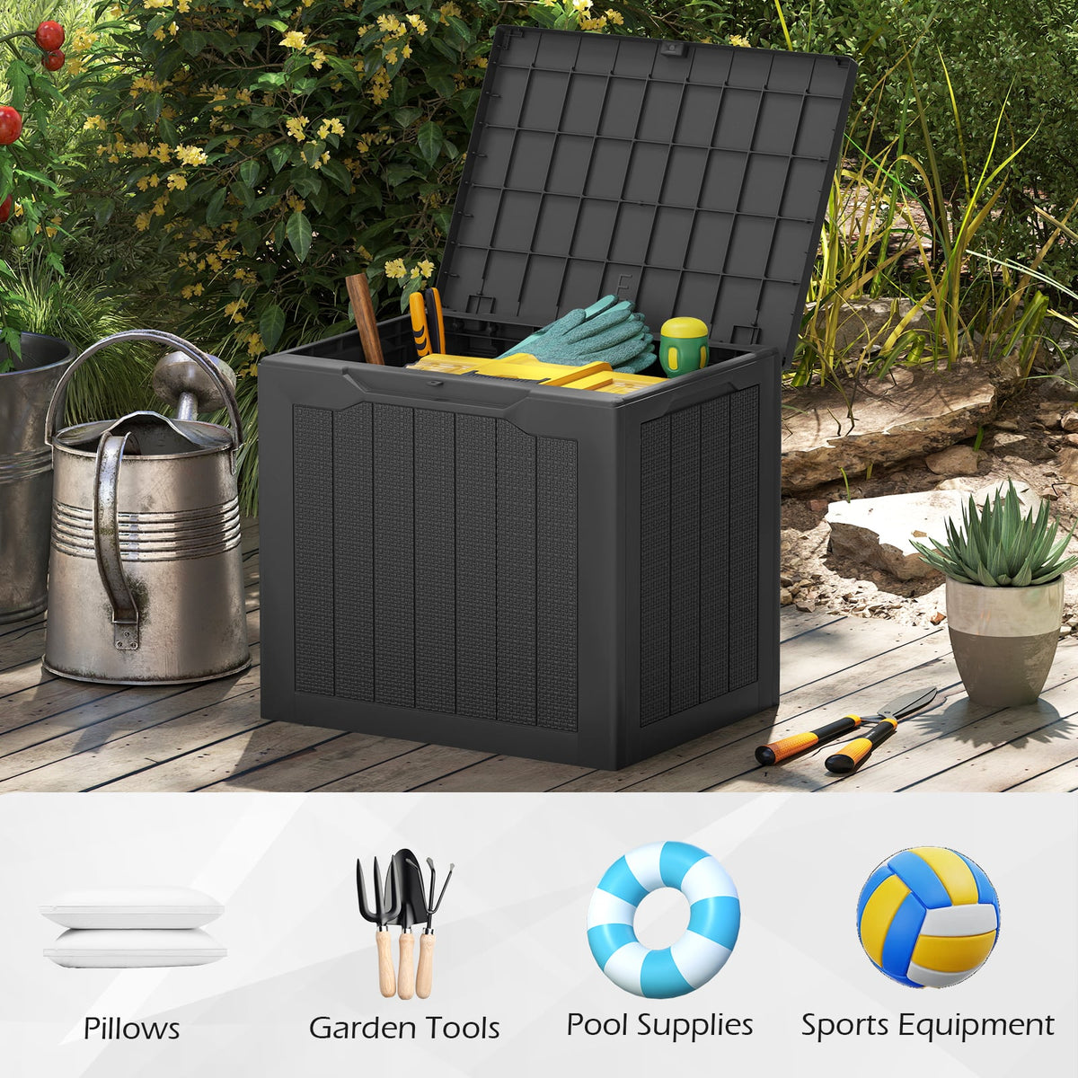 Outdoor Storage Box 25 Gallon Deck Box with Lockable Lid and Wicker-woven Texture-Black-Sheds & Outdoor Storage-DECOROLALA