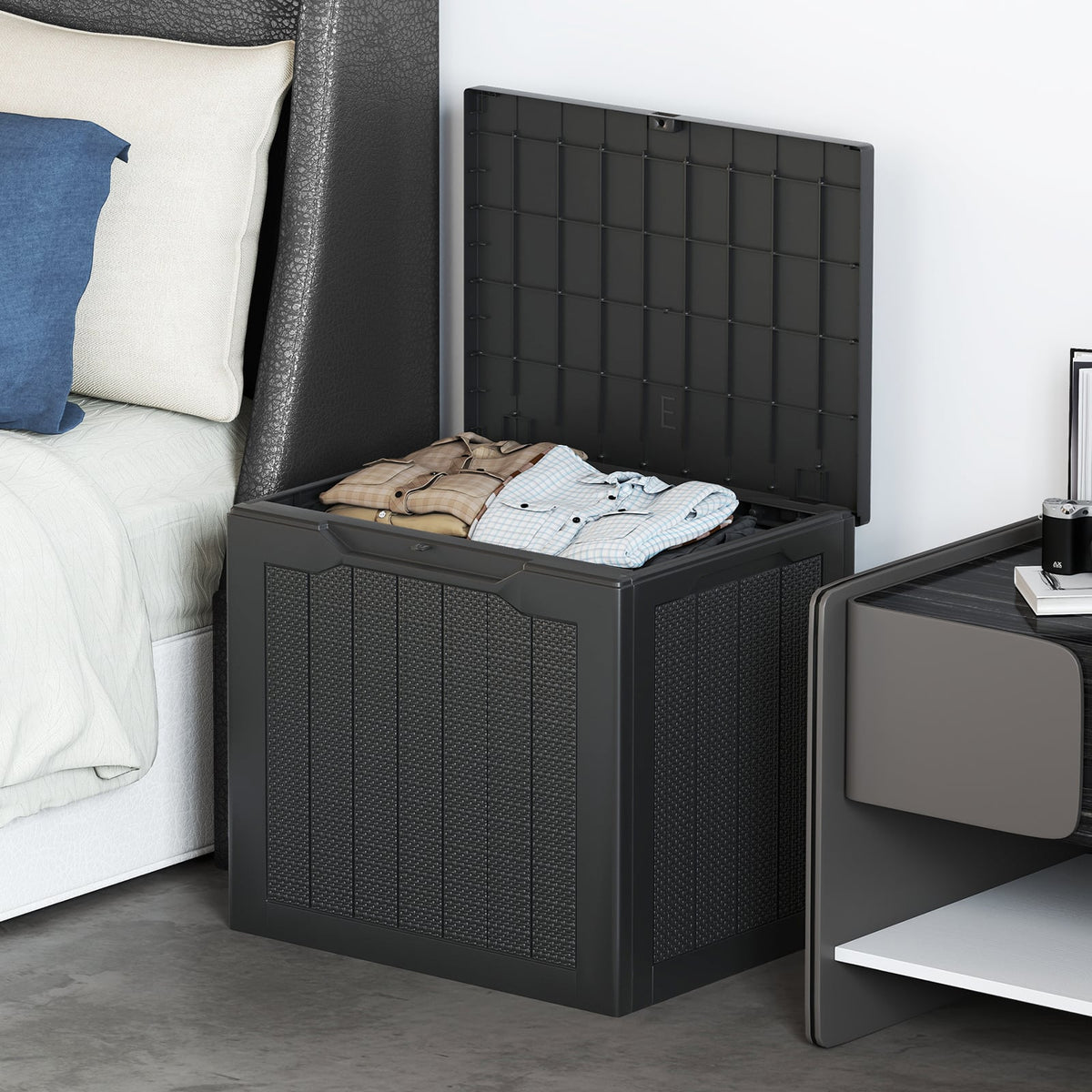 Outdoor Storage Box 25 Gallon Deck Box with Lockable Lid and Wicker-woven Texture-Black-Sheds & Outdoor Storage-DECOROLALA