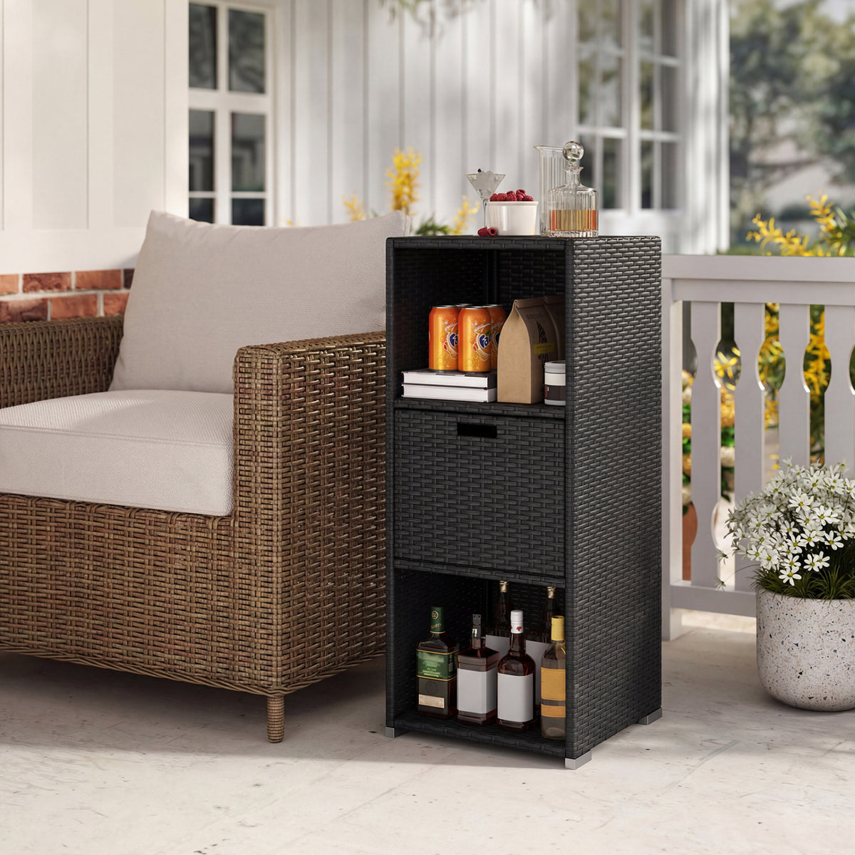 Outdoor Storage Cabinet Patio Wicker Organizer with Drawer-Black-Sheds & Outdoor Storage-DECOROLALA