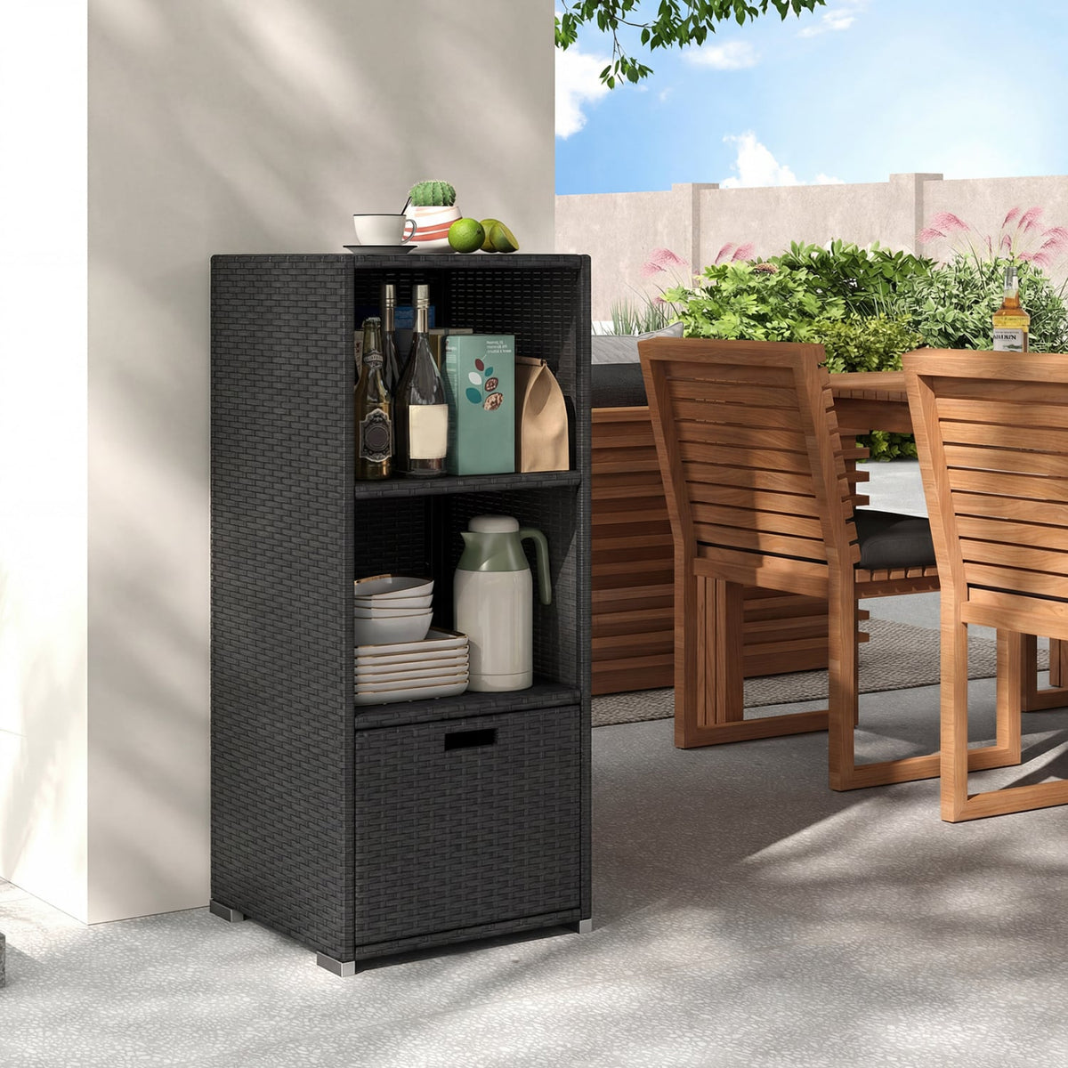 Outdoor Storage Cabinet Patio Wicker Organizer with Drawer-Black-Sheds & Outdoor Storage-DECOROLALA