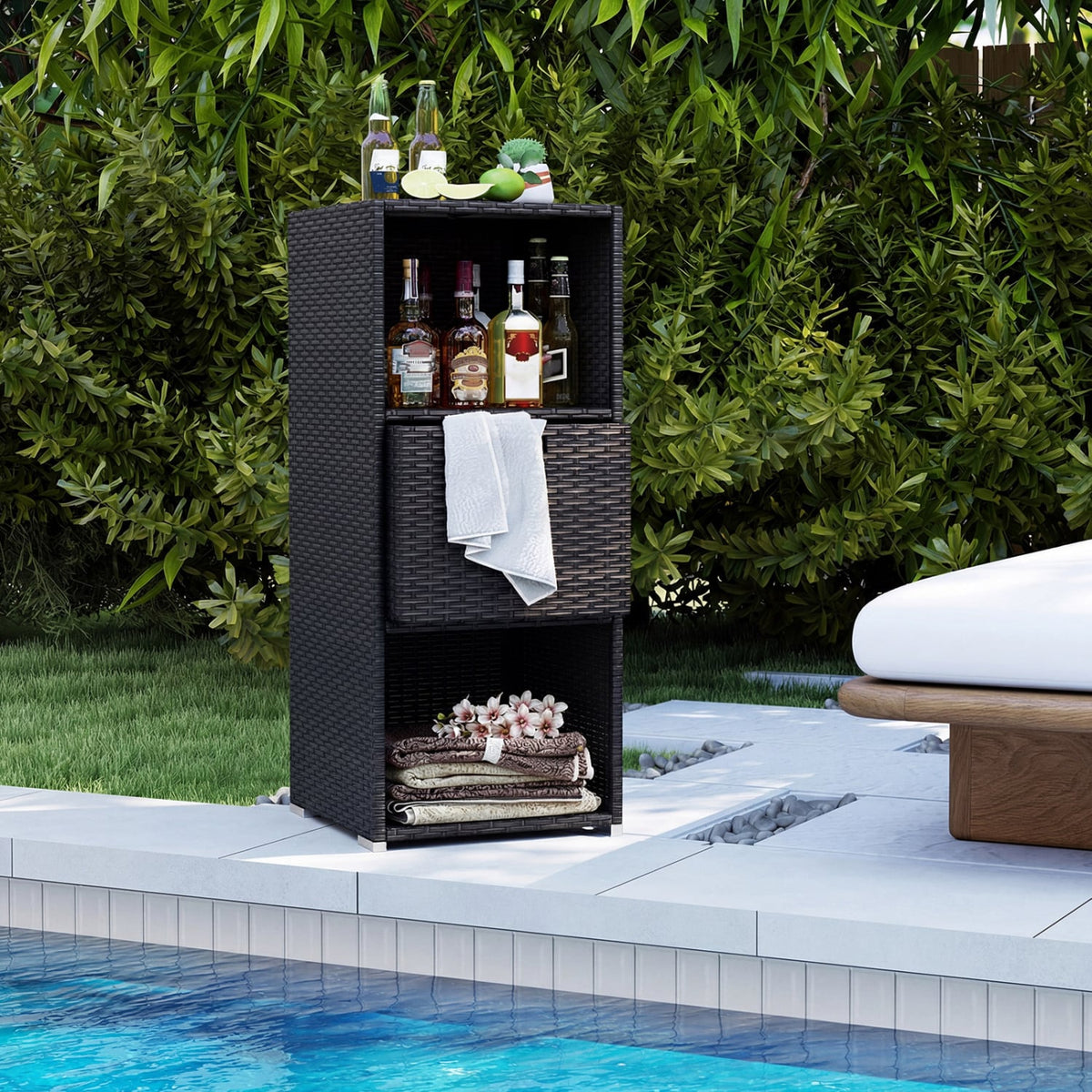 Outdoor Storage Cabinet Patio Wicker Organizer with Drawer-Black-Sheds & Outdoor Storage-DECOROLALA