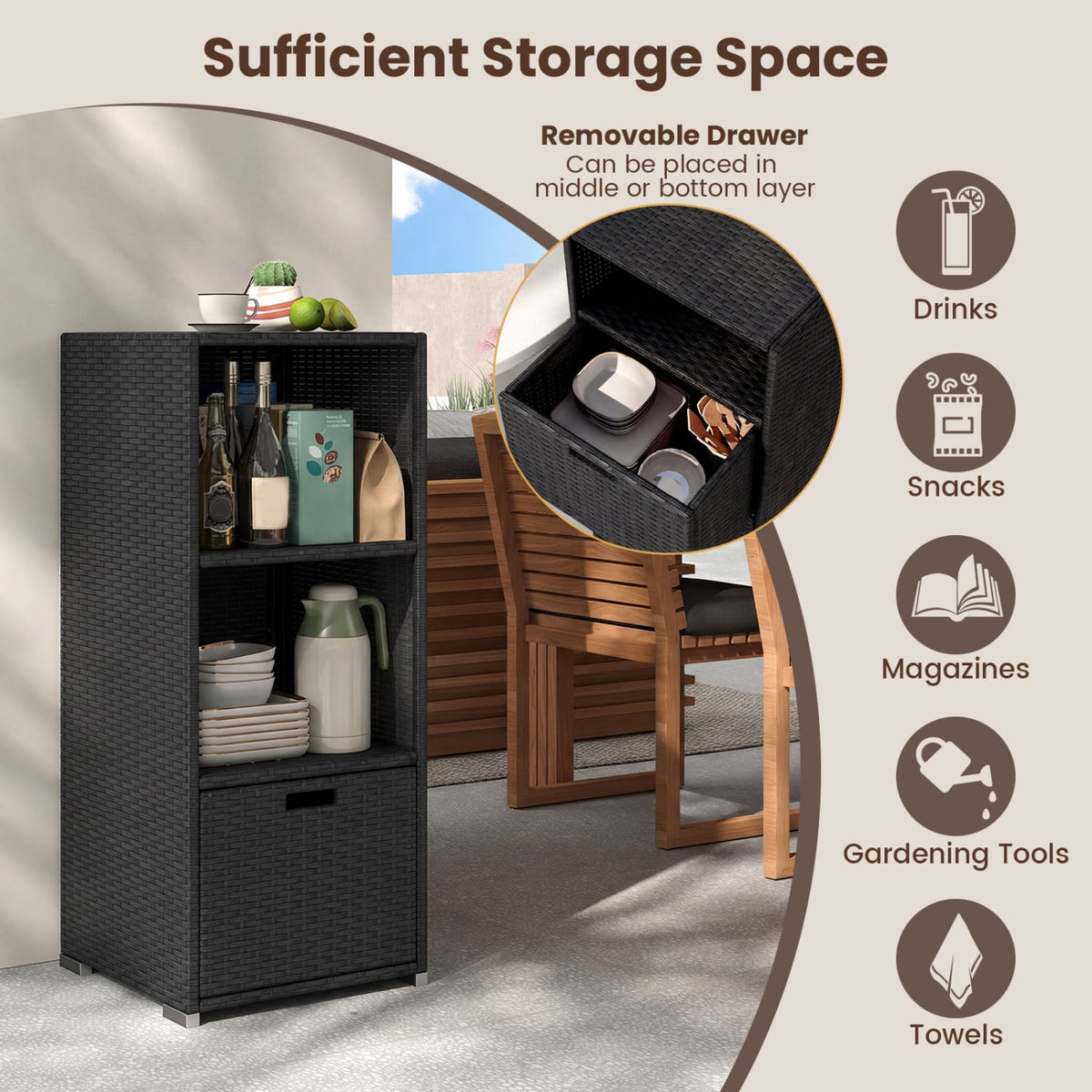 Outdoor Storage Cabinet Patio Wicker Organizer with Drawer-Black-Sheds & Outdoor Storage-DECOROLALA