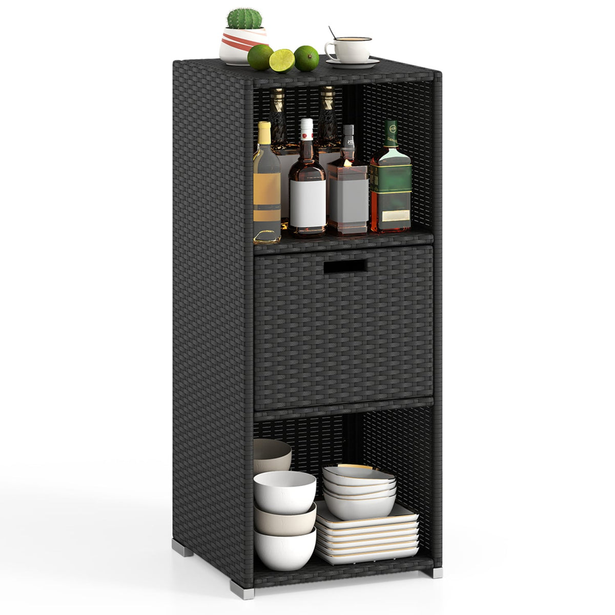 Outdoor Storage Cabinet Patio Wicker Organizer with Drawer-Black-Sheds & Outdoor Storage-DECOROLALA