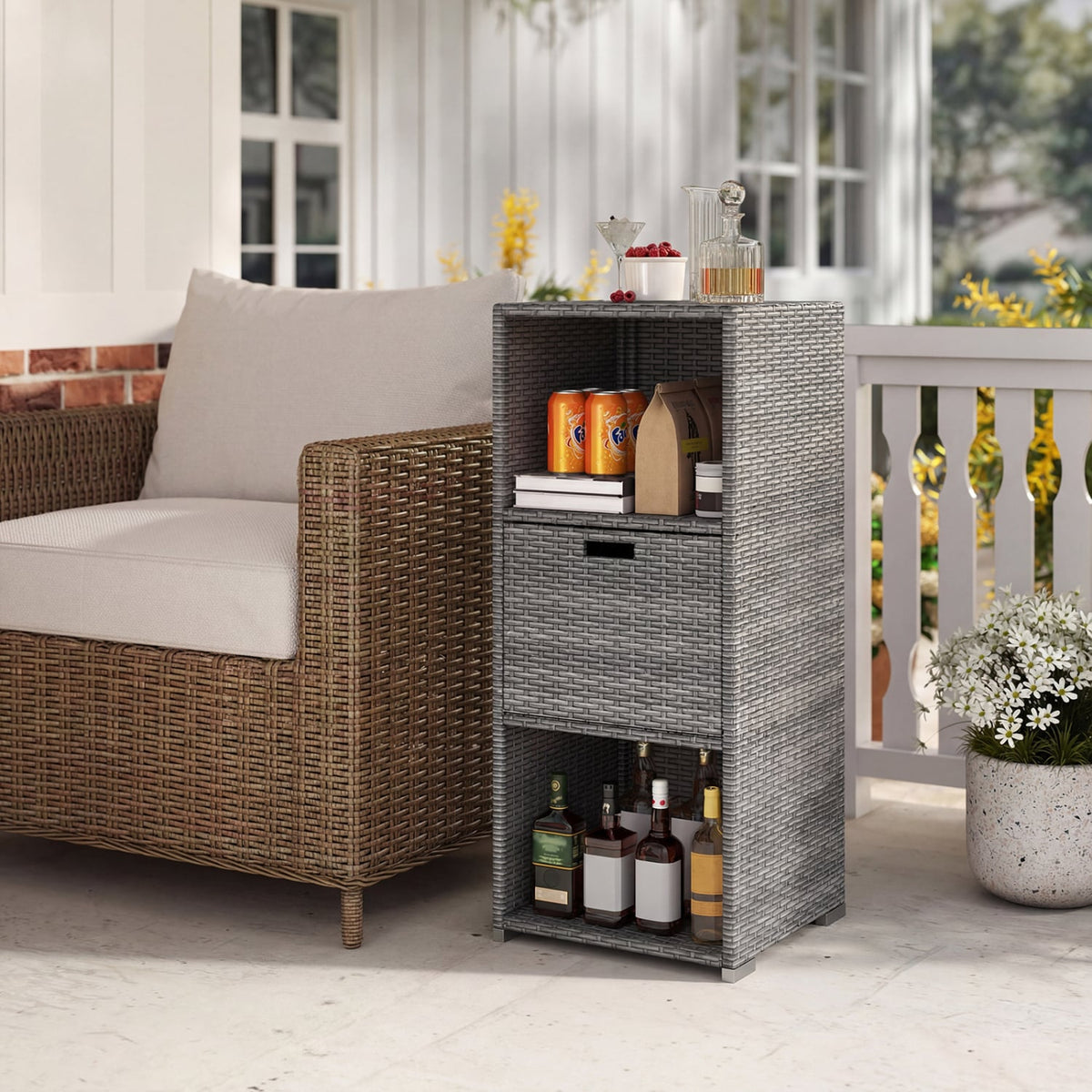 Outdoor Storage Cabinet Patio Wicker Organizer with Drawer-Gray-Sheds & Outdoor Storage-DECOROLALA