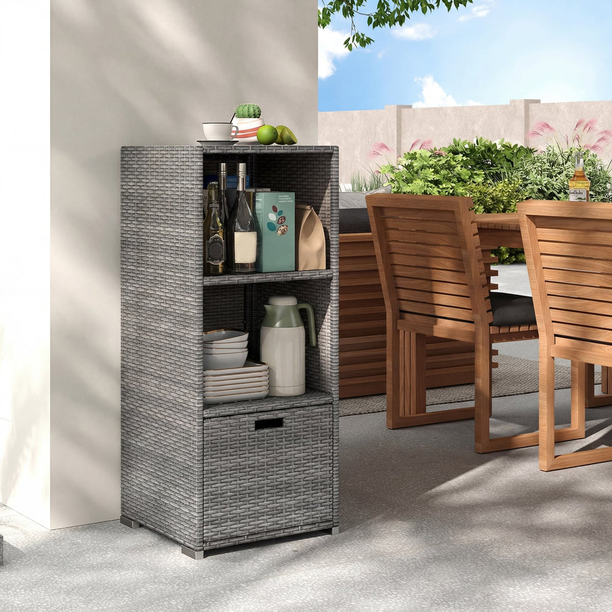 Outdoor Storage Cabinet Patio Wicker Organizer with Drawer-Gray-Sheds & Outdoor Storage-DECOROLALA