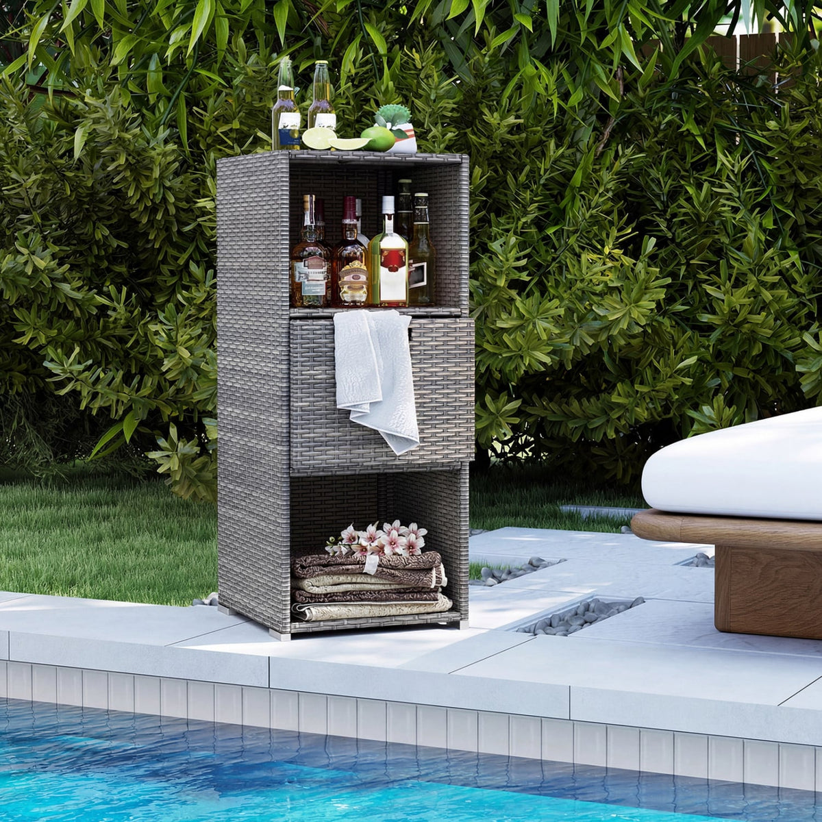 Outdoor Storage Cabinet Patio Wicker Organizer with Drawer-Gray-Sheds & Outdoor Storage-DECOROLALA