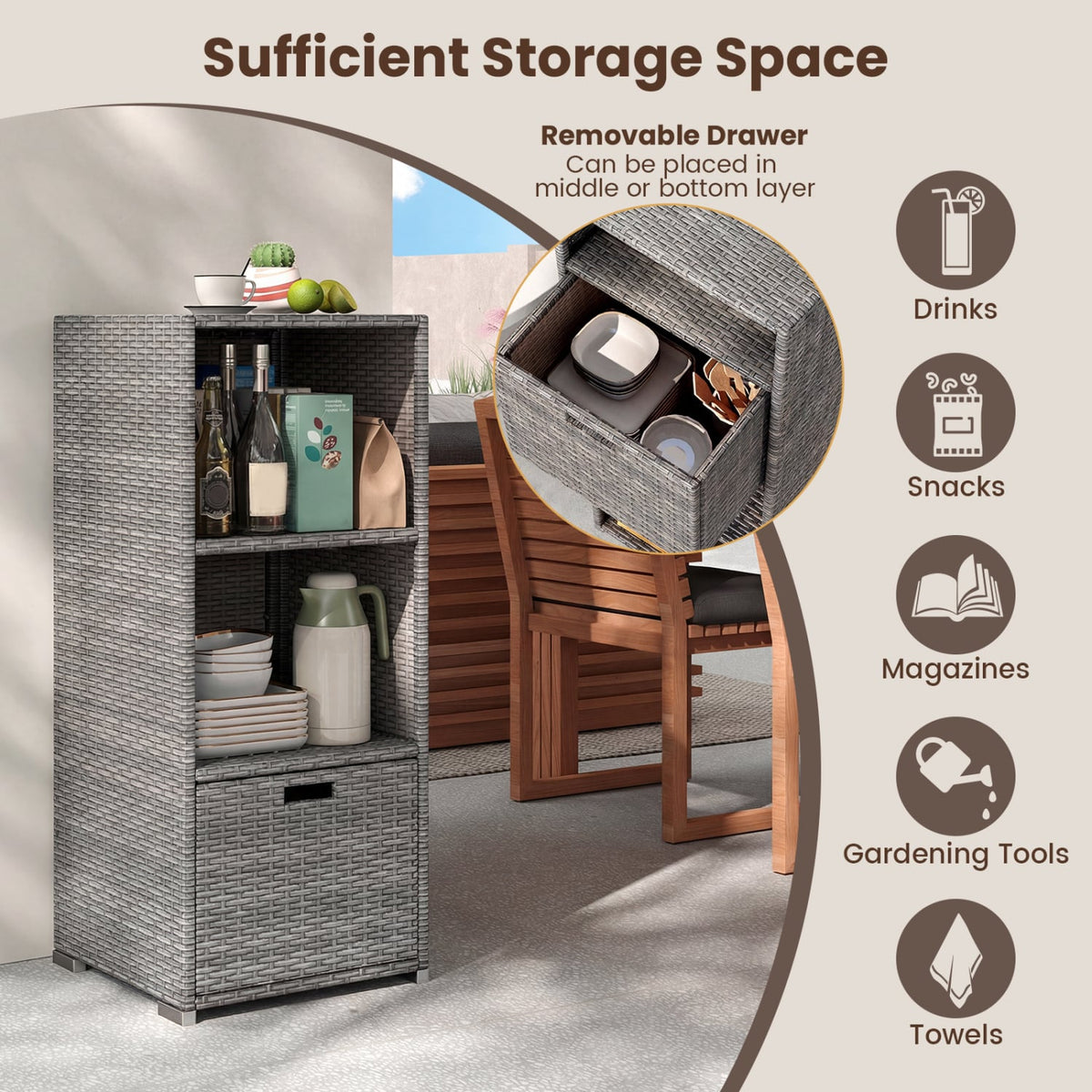 Outdoor Storage Cabinet Patio Wicker Organizer with Drawer-Gray-Sheds & Outdoor Storage-DECOROLALA