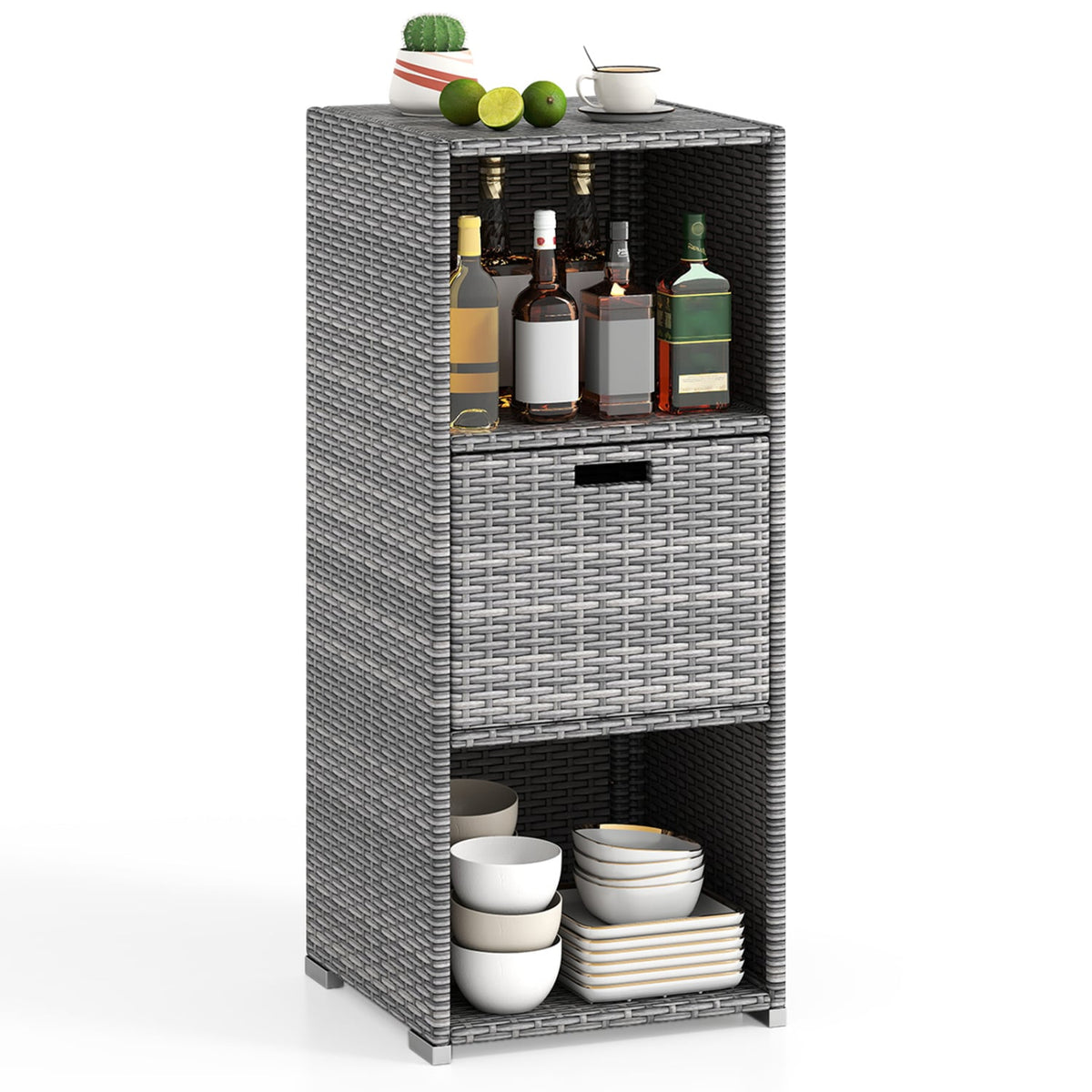Outdoor Storage Cabinet Patio Wicker Organizer with Drawer-Gray-Sheds & Outdoor Storage-DECOROLALA