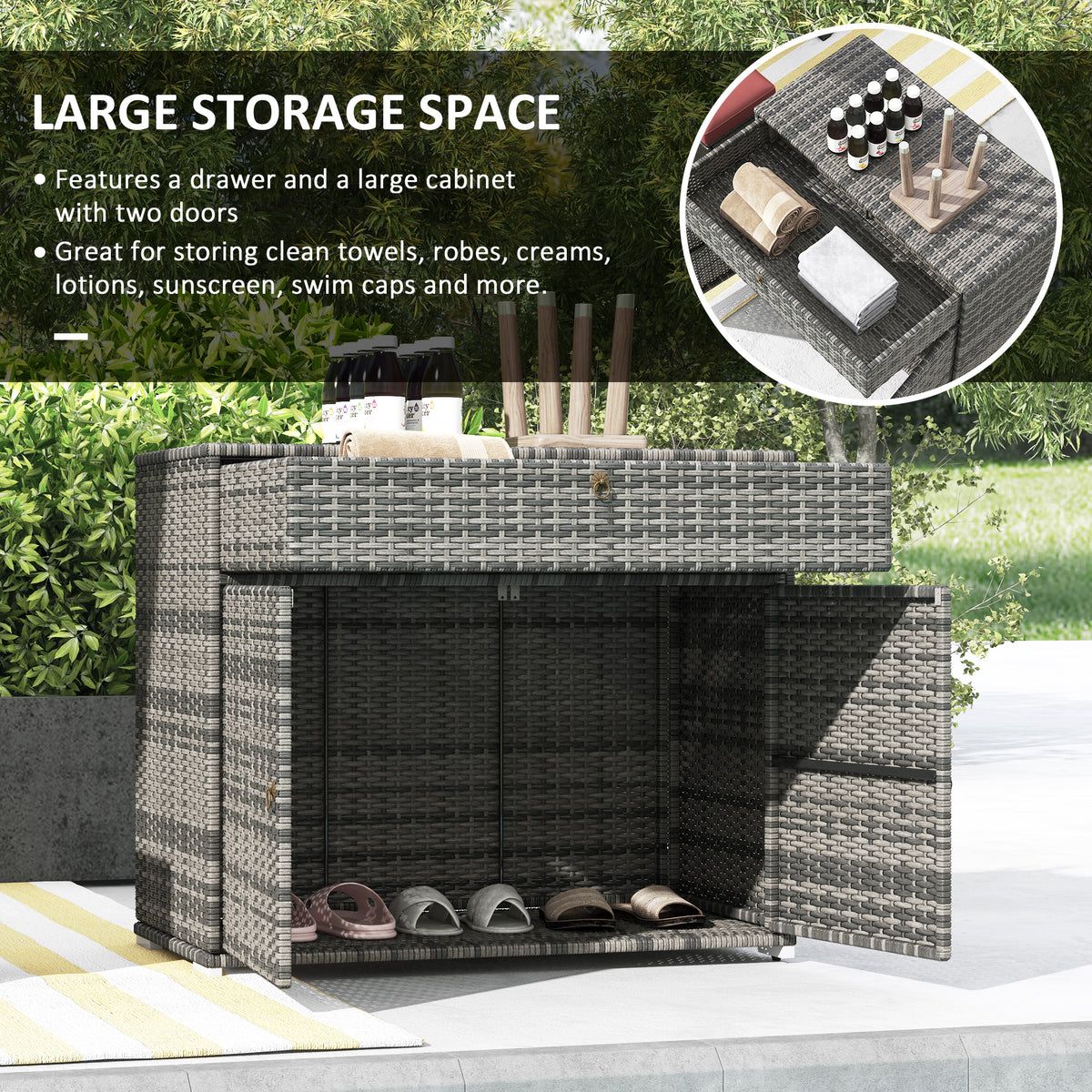 Outdoor Storage Cabinet, Wicker 2-Door Pool Towel Storage Cabinet with Drawer, PE Rattan Pool Organizer, Grey-Outdoor Storage Cabinets-DECOROLALA