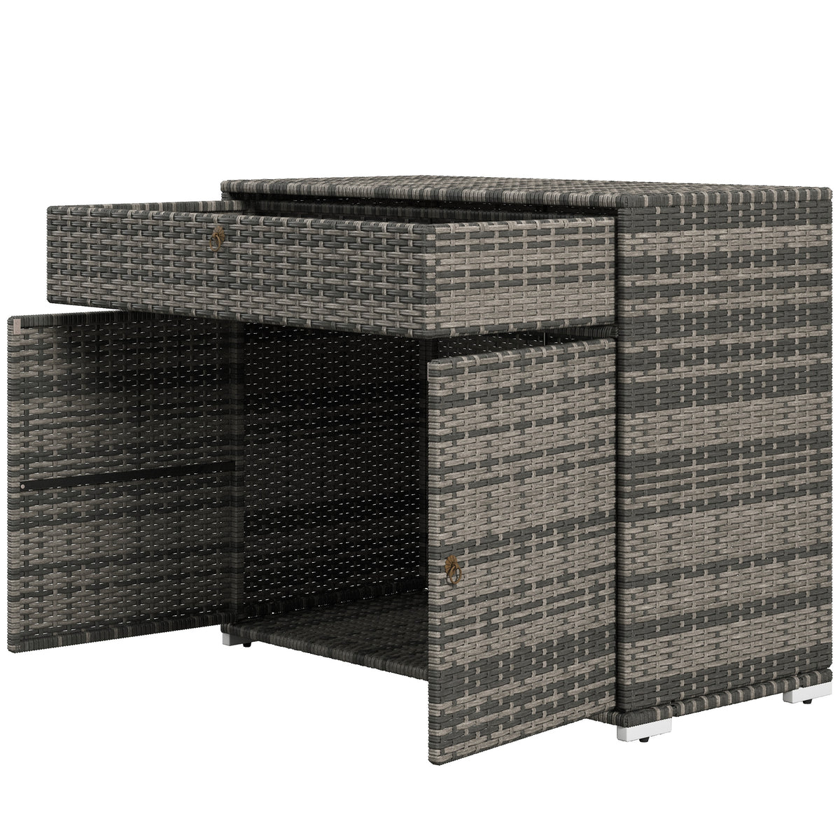 Outdoor Storage Cabinet, Wicker 2-Door Pool Towel Storage Cabinet with Drawer, PE Rattan Pool Organizer, Grey-Outdoor Storage Cabinets-DECOROLALA