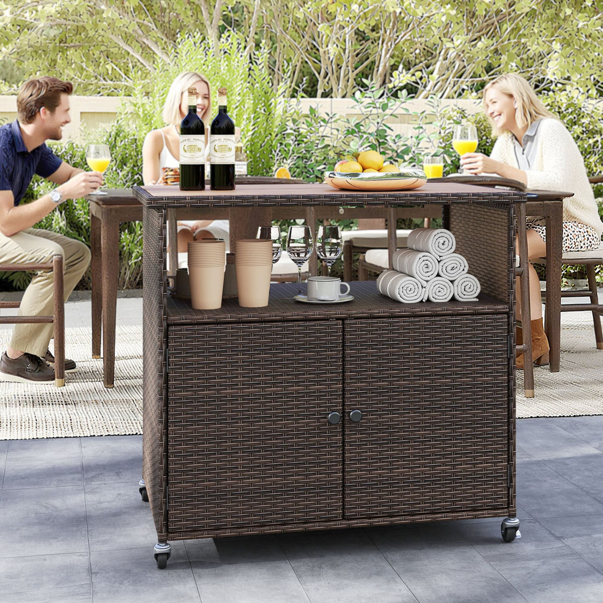 Outdoor Storage Cabinet with Acacia Wood Top and Lockable Wheels-Brown-Sheds & Outdoor Storage-DECOROLALA
