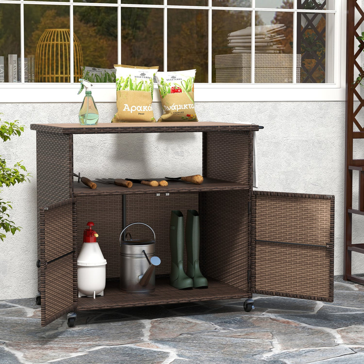 Outdoor Storage Cabinet with Acacia Wood Top and Lockable Wheels-Brown-Sheds & Outdoor Storage-DECOROLALA