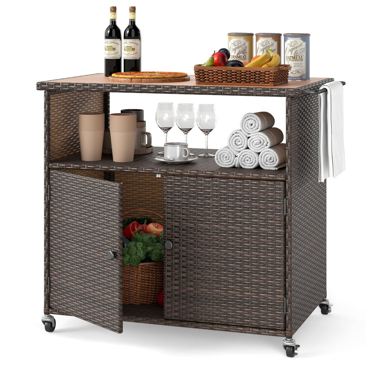Outdoor Storage Cabinet with Acacia Wood Top and Lockable Wheels-Brown-Sheds & Outdoor Storage-DECOROLALA