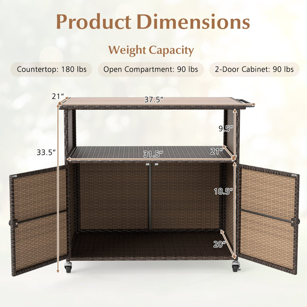 Outdoor Storage Cabinet with Acacia Wood Top and Lockable Wheels-Brown-Sheds & Outdoor Storage-DECOROLALA