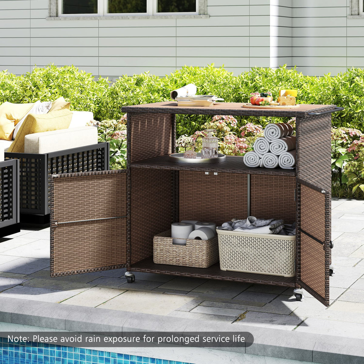 Outdoor Storage Cabinet with Acacia Wood Top and Lockable Wheels-Brown-Sheds & Outdoor Storage-DECOROLALA