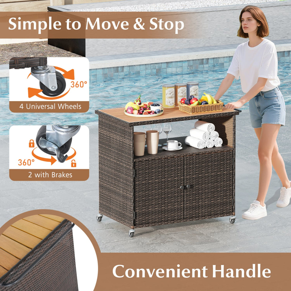 Outdoor Storage Cabinet with Acacia Wood Top and Lockable Wheels-Brown-Sheds & Outdoor Storage-DECOROLALA