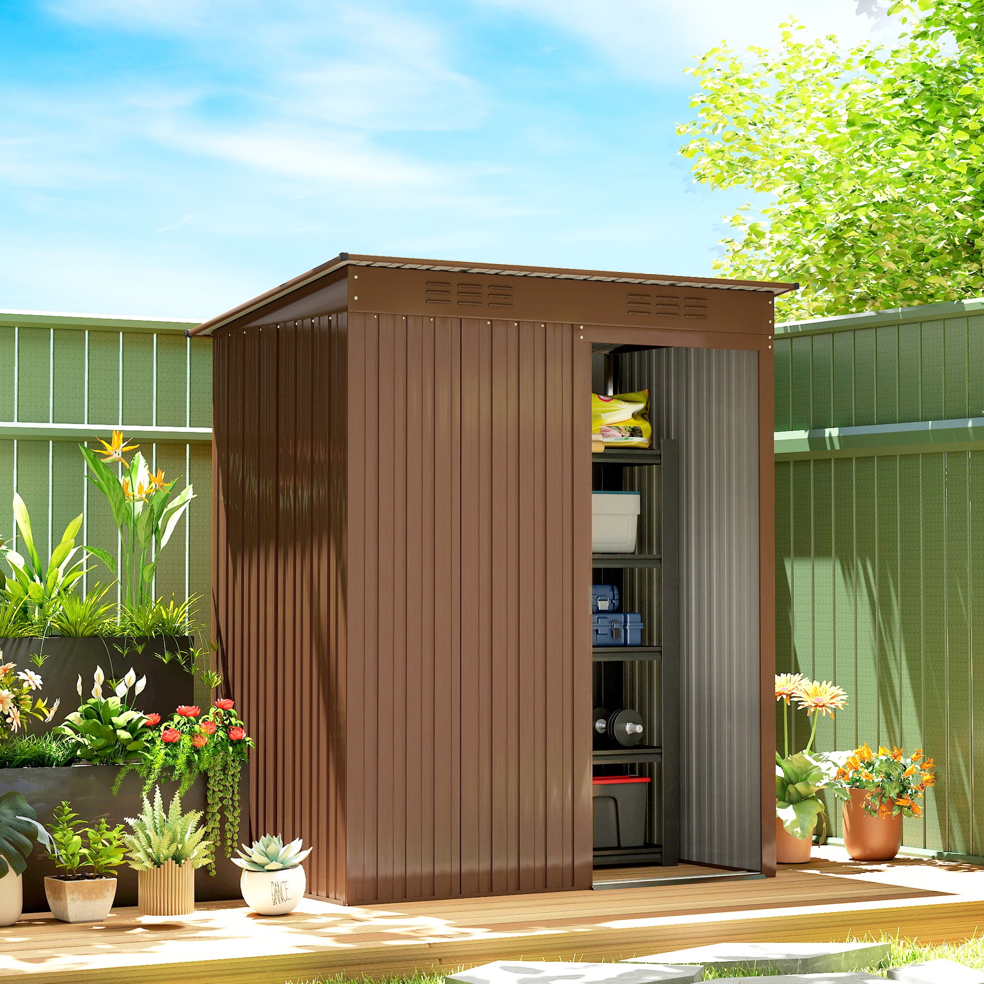 Outdoor Storage Shed - 5.2' x 3.5' Light Brown Metal Garden Shed-Patio & Garden > Lawn & Garden > Sheds-DECOROLALA