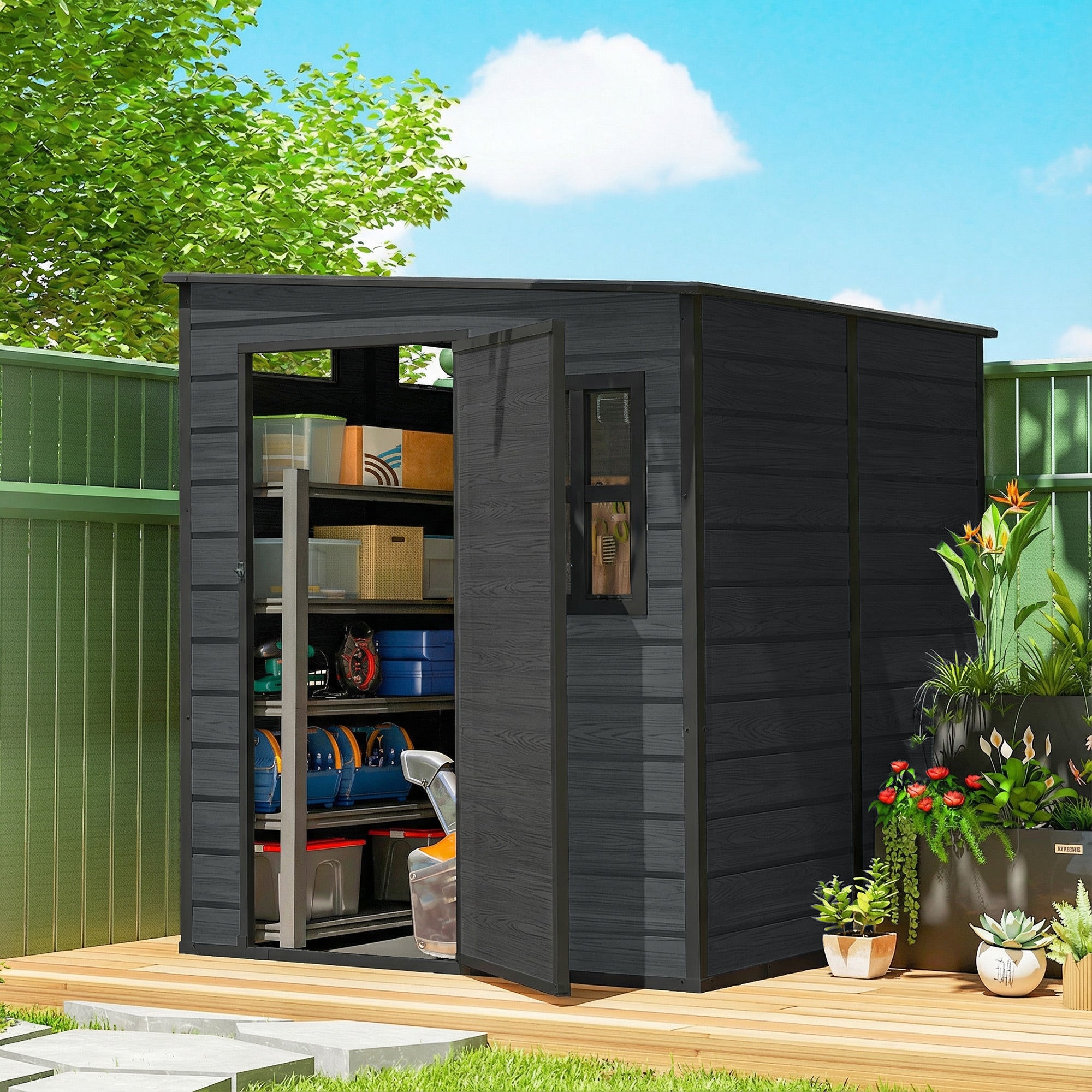 Outdoor Storage Shed - 6x6 Dark Grey Lockable Garden Shed-Patio & Garden > Lawn & Garden > Sheds-DECOROLALA