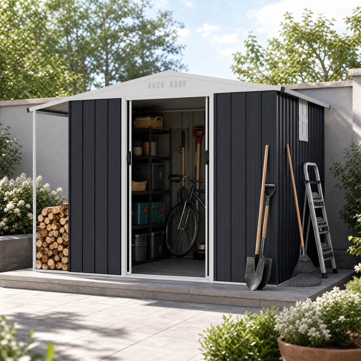 Outdoor Storage Shed with Lockable Double Sliding Door and Open Firewood Bay-Gray-Sheds & Outdoor Storage-DECOROLALA