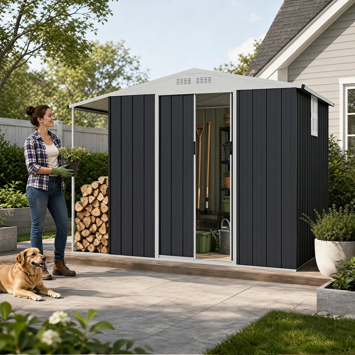 Outdoor Storage Shed with Lockable Double Sliding Door and Open Firewood Bay-Gray-Sheds & Outdoor Storage-DECOROLALA