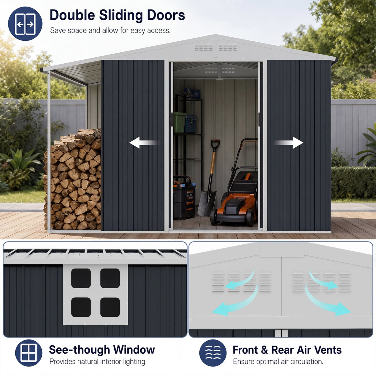 Outdoor Storage Shed with Lockable Double Sliding Door and Open Firewood Bay-Gray-Sheds & Outdoor Storage-DECOROLALA