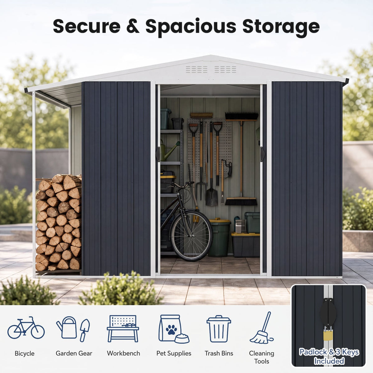 Outdoor Storage Shed with Lockable Double Sliding Door and Open Firewood Bay-Gray-Sheds & Outdoor Storage-DECOROLALA